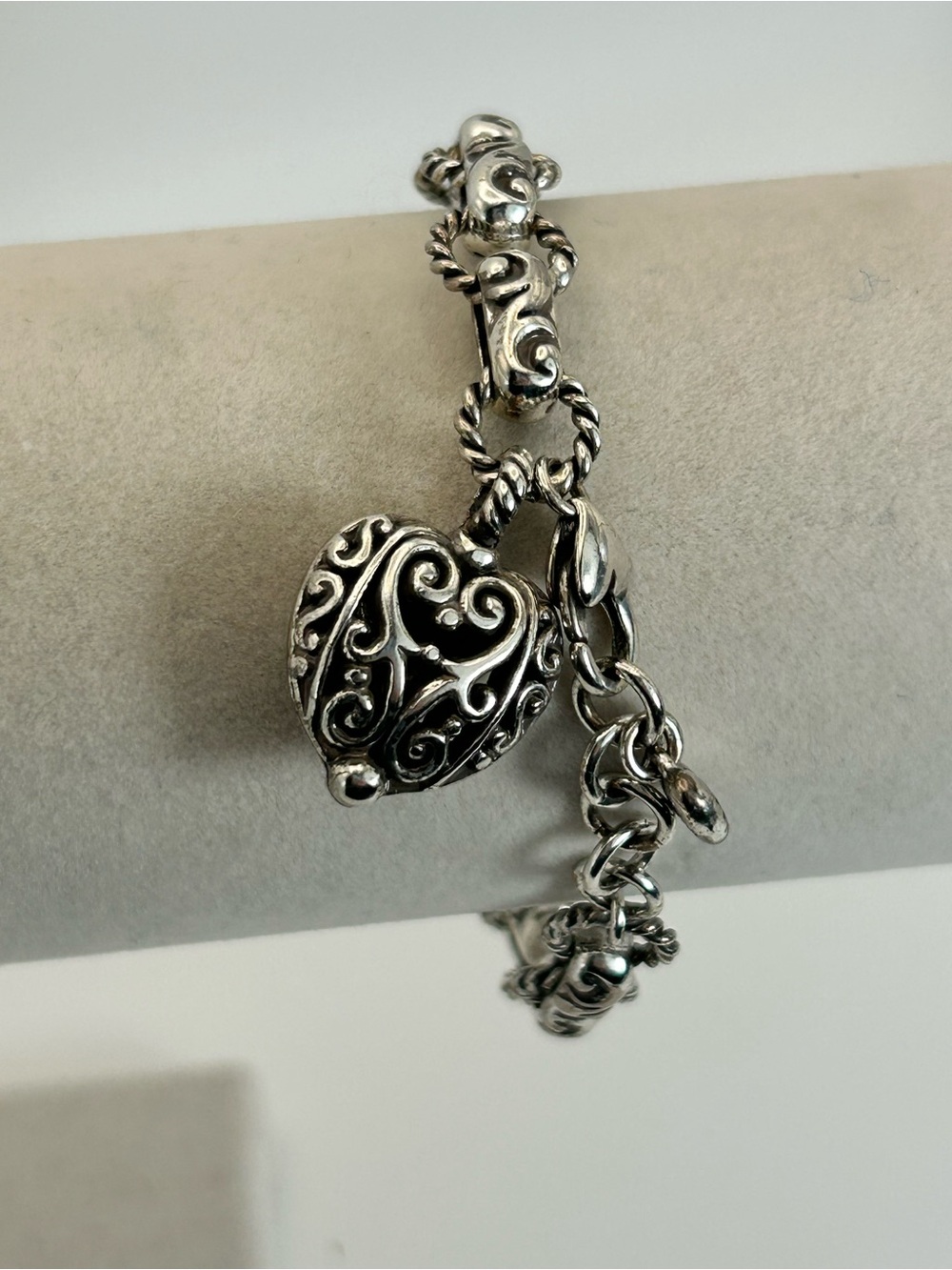 Brighton Bibi Heart Charm Bracelet 7" - 8" Silver Plated Bar Link Retired J34970